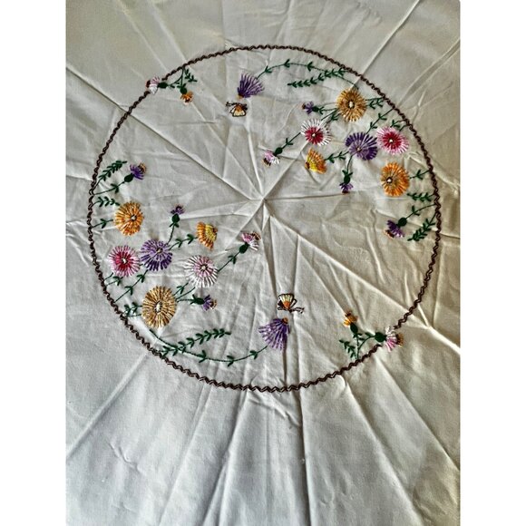 Hand Embroidered Round Tablecloth Floral 58.5” D. Pale Pink/Beige Taupe Hem VTG - Picture 2 of 12